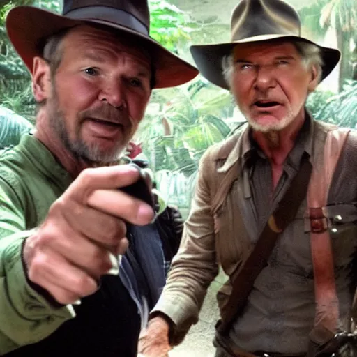 Image similar to chris patt as indiana jones 5, epic pose, selfie with harrison ford