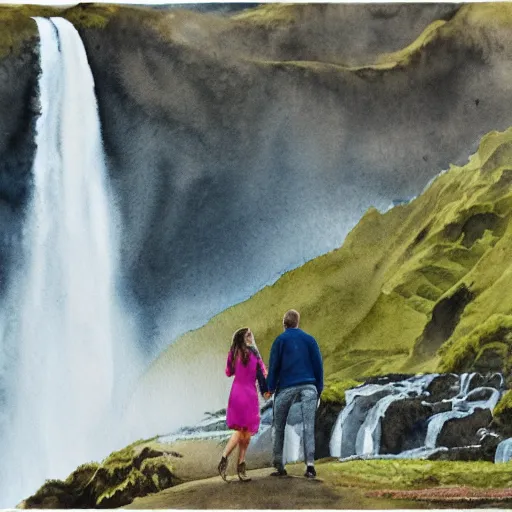 Image similar to a highly detailed watercolor painting of a couple getting engaged by icelandic waterfall Skógafoss