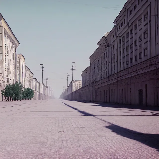 Prompt: empty street soviet city with identical soviet buildings and with a ideal lawn instead of road. no trees. cinematic, cgsociety