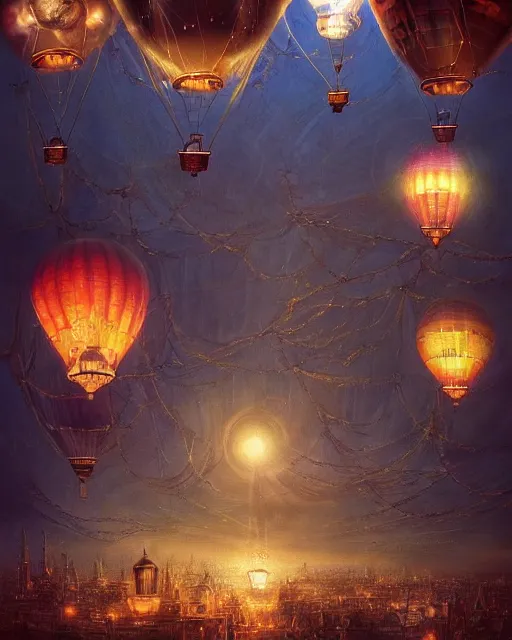 Prompt: a stunning fantasy scene of a steampunk hot - air balloon flying over a lit city at night | highly detailed | very intricate | disney | magic the gathering | steampunk | chiaroscuro | dramatic romantic epic breathtaking whimsical magical | bokeh moon stars | professional cinematic lighting | award - winning | painted by marc simonetti | pastel color palette | featured on artstation
