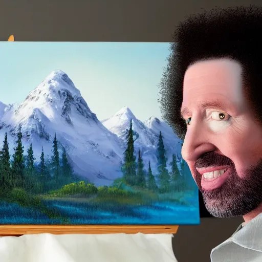 Image similar to a closeup photorealistic photograph of bob ross working on a canvas painting of marilyn manson. mountain scape. happy trees. film still. brightly lit scene. this 4 k hd image is trending on artstation, featured on behance, well - rendered, extra crisp, features intricate detail, epic composition and the style of unreal engine.