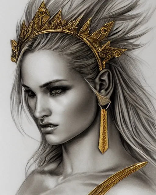 Image similar to tattoo sketch of blonde super model aphrodite greek goddess wearing a gold laurel wreath and triangle earrings, beautiful piercing gaze with sharp pupils, in the style of greg rutkowski, fantasy, amazing detail, epic, elegant, smooth, sharp focus, front view