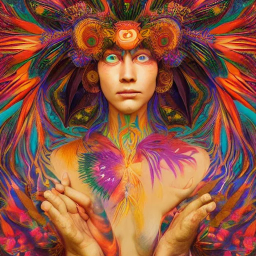 Prompt: A reality bending psychedelic ayahuasca experience, colorful, face painting, distorted, surreal, tropical bird feathers, dramatic lighting on the face, intricate, elegant, highly detailed, digital painting, concept art, smooth, sharp focus, illustration, art by Krenz Cushart and Wayne Barlowe and alphonse mucha