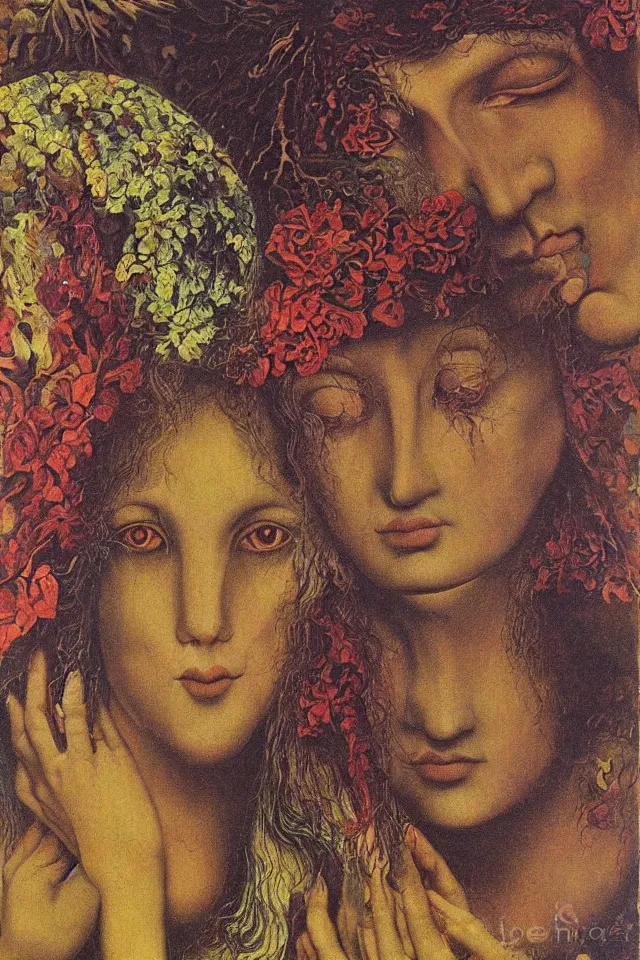 Prompt: extreme closeup floral portrait of a single man and woman by wojciech siudmak and ernst fuchs, oil on canvas