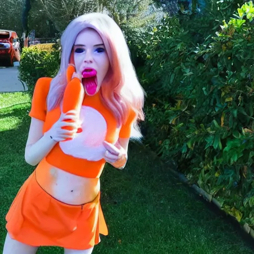 Prompt: fully clothed Belle Delphine licking a carrot