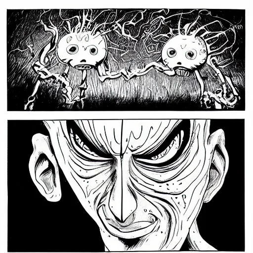 Image similar to black and white trippy comic art of a painful facial expression, hurting & uncomfortable, drawn by Martin Rowson, Tim Burton, Studio Ghibli, Alex Pardee, Nekro Petros Afshar, James McDermott, cgsociety 4K