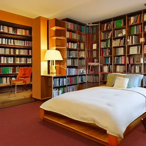 Prompt: a book library with beds to read in in the library room