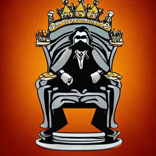 Image similar to a burger king sitting on a throne, bushy mustaches, long hair, royal, digital art, illustration