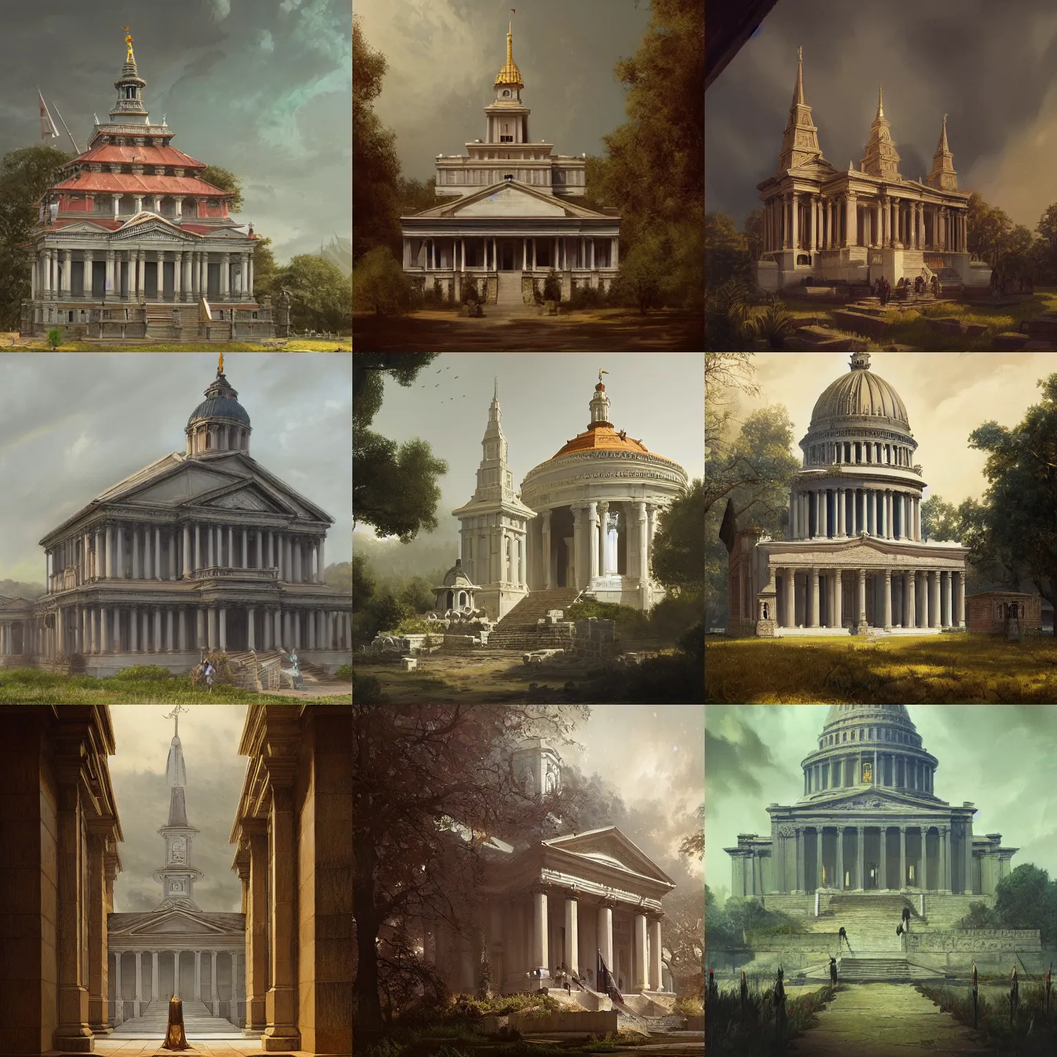 Prompt: a temple modeled after an old american colonialist 1 7 th century governmental building, where people who worship the founding fathers congregate. by greg rutkowski