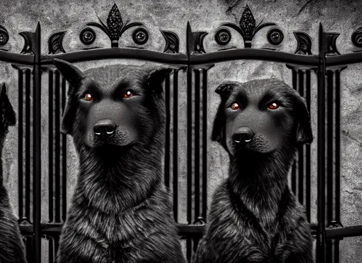 Image similar to photo of a real life photorealistic three - headed kerberos dog guarding the gates to the underworld. fantasy horror style. highly detailed 8 k. intricate. lifelike. soft light. nikon d 8 5 0 5 5 mm. dof. cinematic post - processing.
