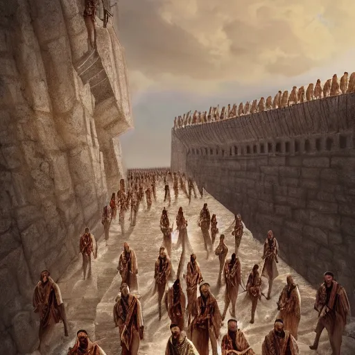 Prompt: Matte painting of a row of men in Biblical outfits marching in front of the walls of Jericho. People are standing on the walls looking down at them. sunrise, epic, cinematic lighting, detailed digital art trending in artstation