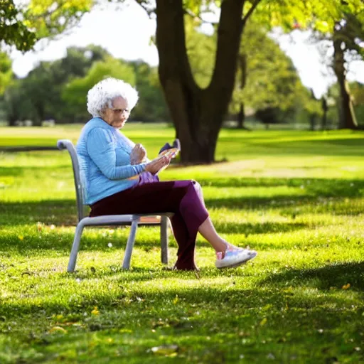 Image similar to an older woman sitting in a park using an oxygen tank, 4 k,