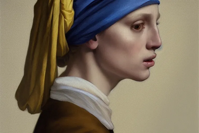 Image similar to blond man with a pearl earring, portrait, sharp focus, intricate, elegant, digital painting, artstation, matte, highly detailed, concept art, illustration, ambient lighting, art by Vermeer, artgerm, Alphonse mucha, and Greg Rutkowski