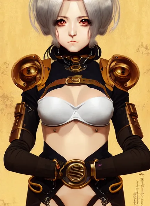 Image similar to portrait Anime girl in steampunk bikini armor, cute-fine-face, white-hair pretty face, realistic shaded Perfect face, fine details. Anime, steampunk, bioshock. realistic shaded lighting by Ilya Kuvshinov and Gustav Klimt