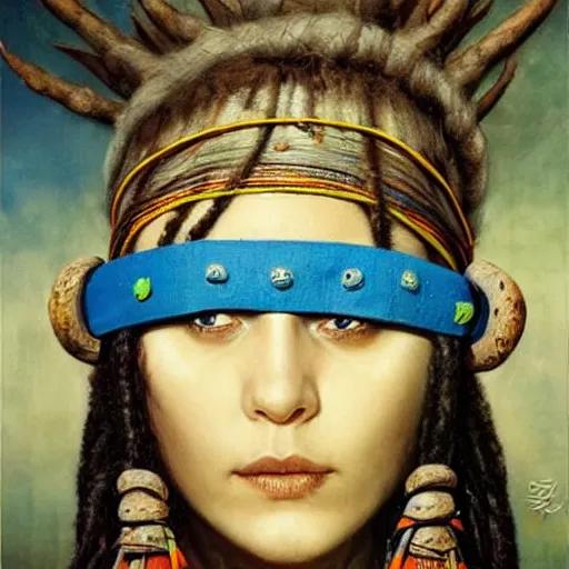 Image similar to A young blindfolded shaman woman with a decorated headband, in the style of heilung, blue hair dreadlocks and wood on her head., made by karol bak