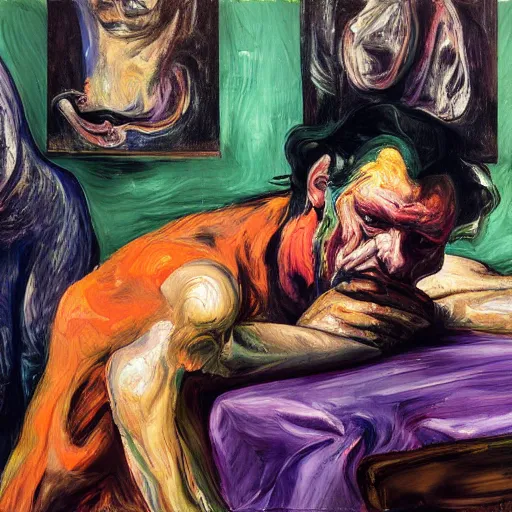 Image similar to high quality high detail expressionist painting of a man in agony by lucian freud and jenny saville and francis bacon and francisco goya and edvard munch, hd, anxiety, seated at table crying and screaming, turquoise and purple and orange and pink