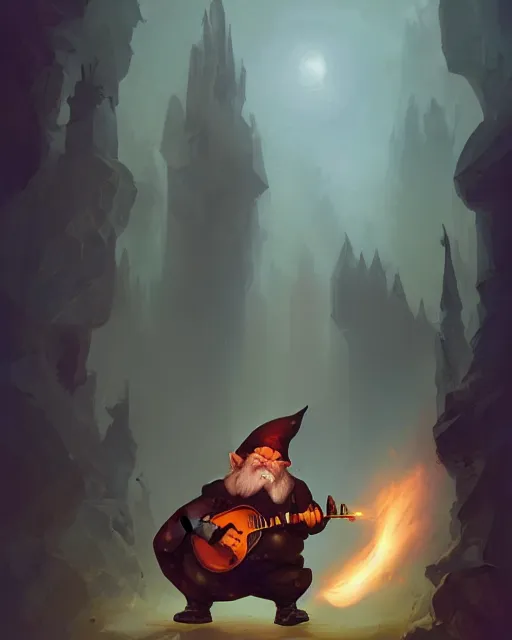 Image similar to male gnome spy, fantasy portrait, playing a magical mandolin, shadowy figure by peter mohrbacher, artstation