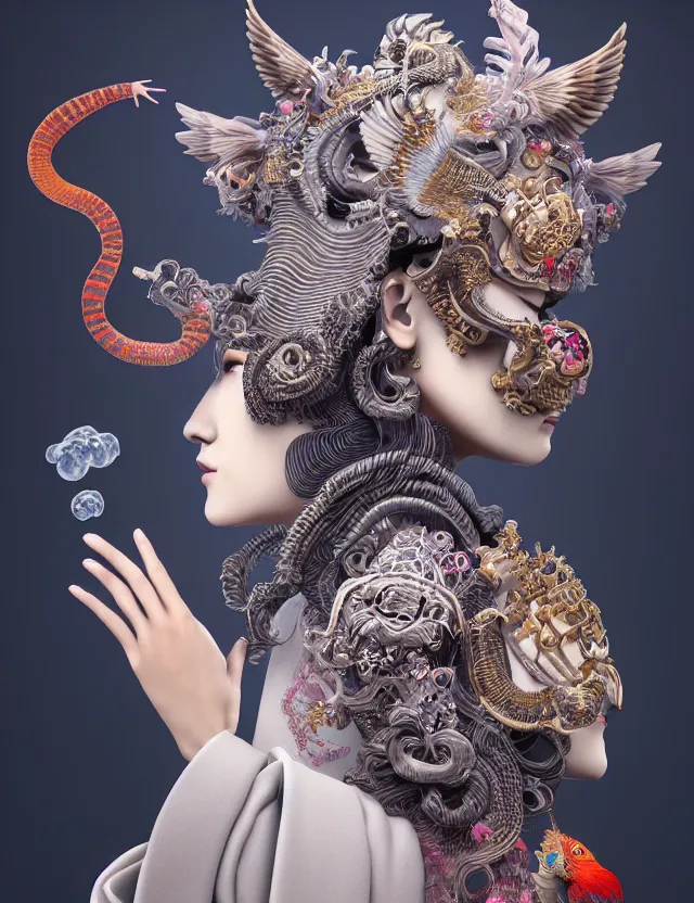 Image similar to 3 d goddess in robe close - up profile portrait with ram skull. beautiful intricately detailed japanese crow kitsune mask and clasical japanese kimono. betta fish, jellyfish phoenix, bio luminescent, plasma, ice, water, wind, creature, artwork by tooth wu and wlop and beeple and greg rutkowski