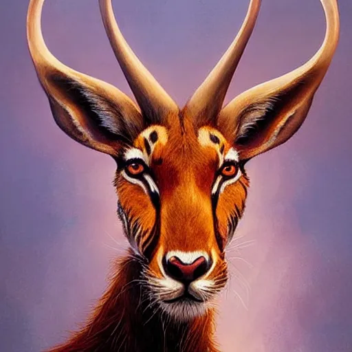 Image similar to a dramatic head portrait of a antelope in!! tiger skin, cinematic lighting, symmetric face by karol bak, christopher balaskas