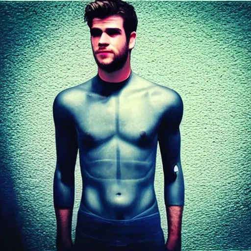 Image similar to “a realistic detailed photo of a guy who is an attractive humanoid who is half robot and half humanoid, who is a male android, Liam Hemsworth, shiny skin, posing like a statue, blank stare”