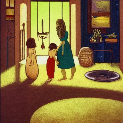 Image similar to the far side, phoenician casual by h. p. lovecraft. a beautiful performance art harmony of colors, simple but powerful composition. a scene of peaceful domesticity, with a mother & child in the center, surrounded by a few simple objects. colors are muted & calming, serenity & calm.