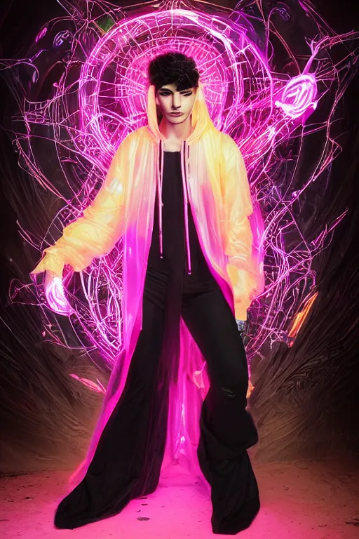 Prompt: full-body baroque and cyberpunk style neon statue of a attractive pale Zayn Malik as a humanoid diety wearing a thin see-through plastic hooded cloak sim roupa, posing like a superhero, glowing peach face, crown of pink lasers, large diamonds, swirling black silk fabric. futuristic elements. oozing glowing liquid, full-length view. space robots. human skulls. throne made of bones, intricate artwork by caravaggio. Trending on artstation, octane render, cinematic lighting from the right, hyper realism, octane render, 8k, depth of field, 3D