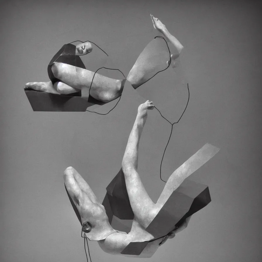 Prompt: extreme harsh lighting antique photograph of geometric surreal sculpture of a human drowning in a bathtub of its own bad dreams, made of electrical tape and silicone tubing and black glass wire, fractal 3 d structure, sculpted by barbara hepworth and naum gabo, photographed by francesca woodman, grainy high contrast shocking detail trending on artstation 8 k