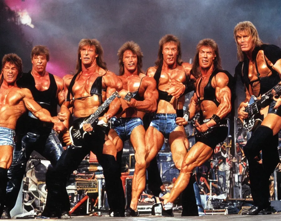 Prompt: colour photo off arnold schwarzenegger, sylvester stallone, dolph lundgren, Chuck Norris and Jean-Claude Van Damme in a heavy metal band, playing guitars, drums, on stage at monsters of rock 1992, pyrotechnics, smoke, vivid colors, daylight, photo real, 28mm, press photograph, wide view, Eastman EXR 50D 5245/7245