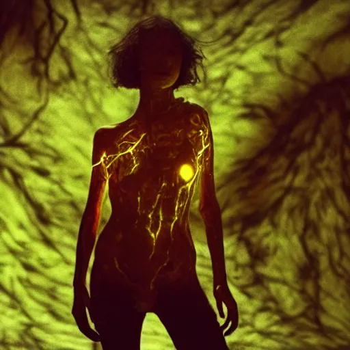 Prompt: masterpiece, emily ratajkowski, bones and veins, biopunk clothes, body horror, yellow glowing background, gustav dore, zdzislaw beksinksi, Ross Tran