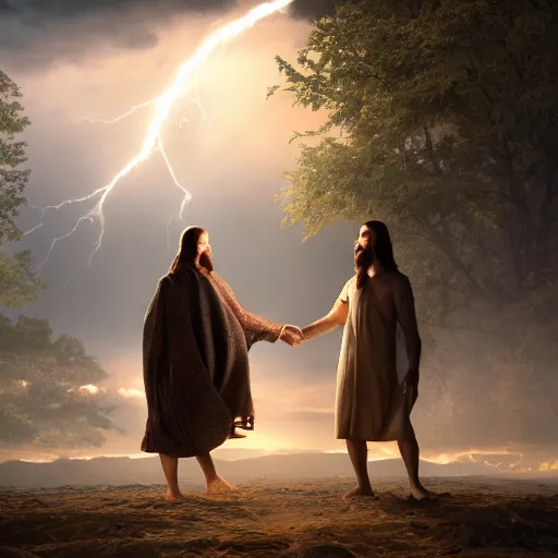 Image similar to jesus and god playing with the world, national geographic award, photography, hyperrealistic, extremely detailed, 8 k, octane render, cinematic lightning, dramatic,