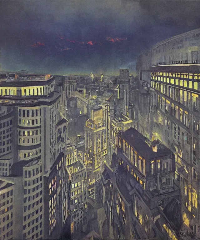 Image similar to horrifying full color photorealistic painting of the view from a 1 9 2 5 hotel terrace balcony overlooking a warped view of downtown boston in 1 9 2 5 at night with a cosmic sky, dark, atmospheric, brooding, smooth, finely detailed, cinematic, epic, in the style of paul carrick