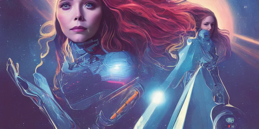 Image similar to Elizabeth Olsen as a stunning , beautiful retro SCI-FI space heroine 1985 , movie poster, intricate, elegant, highly detailed, centered, digital painting, trending on artstation, concept art, smooth, sharp focus, illustration, art by raphael lacoste ,eddie mendoza ,alex ross, WLOP