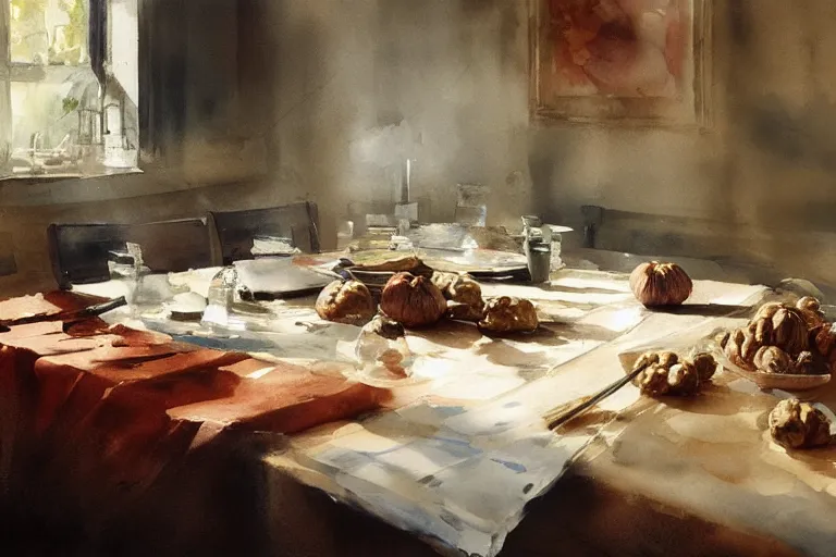 Prompt: paint brush strokes, abstract watercolor painting of walnuts on table cloth, leaves, art by hans dahl, by jesper ejsing, art by anders zorn, wonderful masterpiece by greg rutkowski, cinematic light, american romanticism by greg manchess, creation by tyler edlin