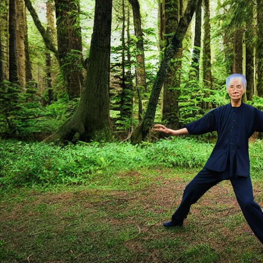 Prompt: tai chi master practicing form in pacific northwest dream forest