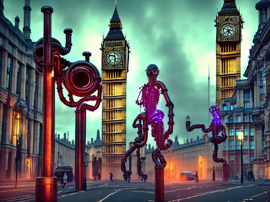 Image similar to a giant ancient beautiful cyborg of the elder gods with pipes and tubes in the city of London, an image of a beautiful cyborg, a beautiful cyborg, a cyborg, London streets with one bigben in the background, colourful, dramatic lighting, spring time, very detailed octane render very realistic beautiful