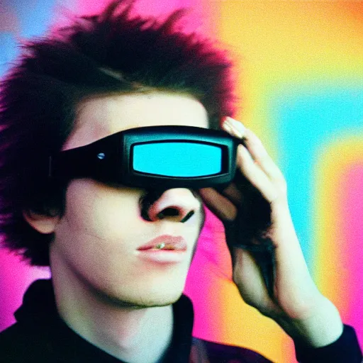 Image similar to kodak ektachrome e 1 0 0 photograph of a skinny nerdy goth guy with wild hair wearing goggles and eclectic jewelry, moody lighting, telephoto, 9 0 s vibe, rave background, vaporwave colors, faded!,