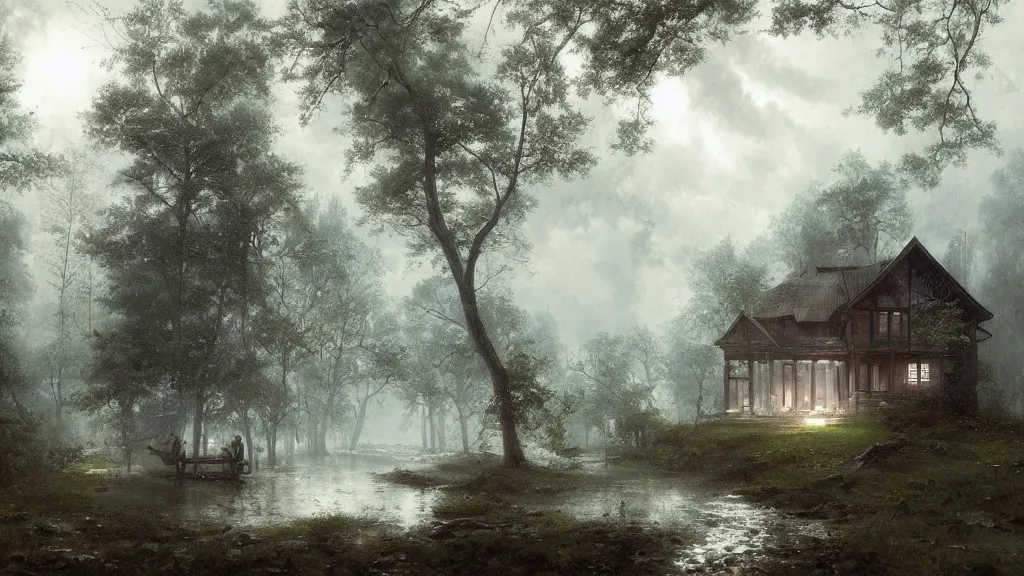 Image similar to [ a cabin in the woods, raining ] andreas achenbach, artgerm, mikko lagerstedt, zack snyder, tokujin yoshioka