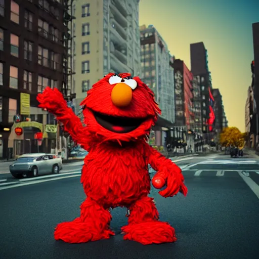 Prompt: Cinema4d 3d octane render of giant Elmo from sesame street being dressed up as a 90’s rapper. in New York City, highly detailed, 4K, moody lighting