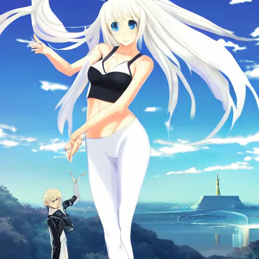 Prompt: aristocratic platinum - blonde - haired hime - cut blue - eyed princess wearing white leggings and black jacket, standing next to communist monument, anime, hd anime wallpaper, drawn by artgerm