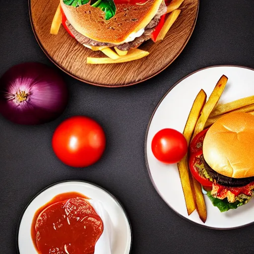Image similar to a gourmet hamburger with lettus, tomatoes, onions, sauce and cheese on a plate with fries. Hyperrealistic, food photography, focal point, focus, background blur, dark, realistic, detailed, lighting, cinematic, 8k
