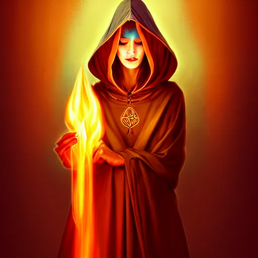 Image similar to ( a priestess with a hood that covers half her face carries an incense burner that emits a pleasantly colored flame. ) by anato finnstark, photorealistic, fullbody portrait, dynamic lighting, beautiful, trending on artstation, wallpaper, 4 k, award winning, digital art, golden hues, firm line