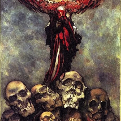 Image similar to aesthetically pleasing image of the whitewinged angel of death wearing a crimson and black robe descending on the lonesome faceless phantoms in their graves paul cezanne arthur rackham norman rockwell oil painting