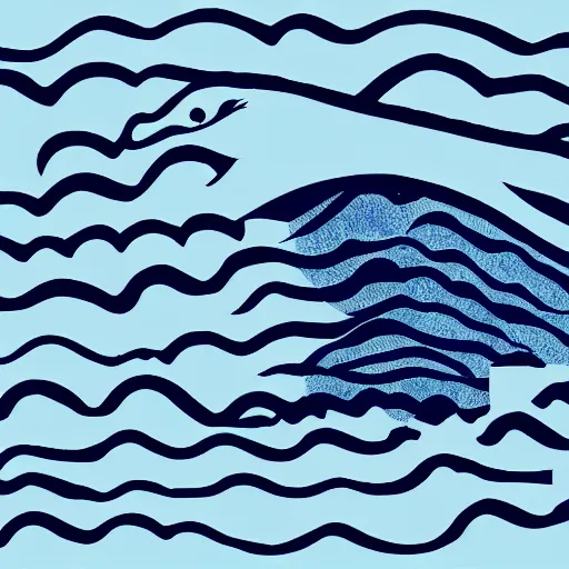 Image similar to a blue water wave in the silhouette shape of Godzilla, cartoon drawing