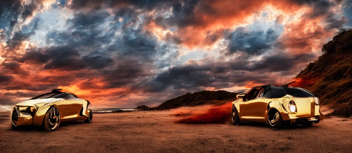 Prompt: futuristic golden car from the year 2052, white tires with intricate rims, professional studio photography, dramatic lighting, clouds, colorful red sunset, on the beach