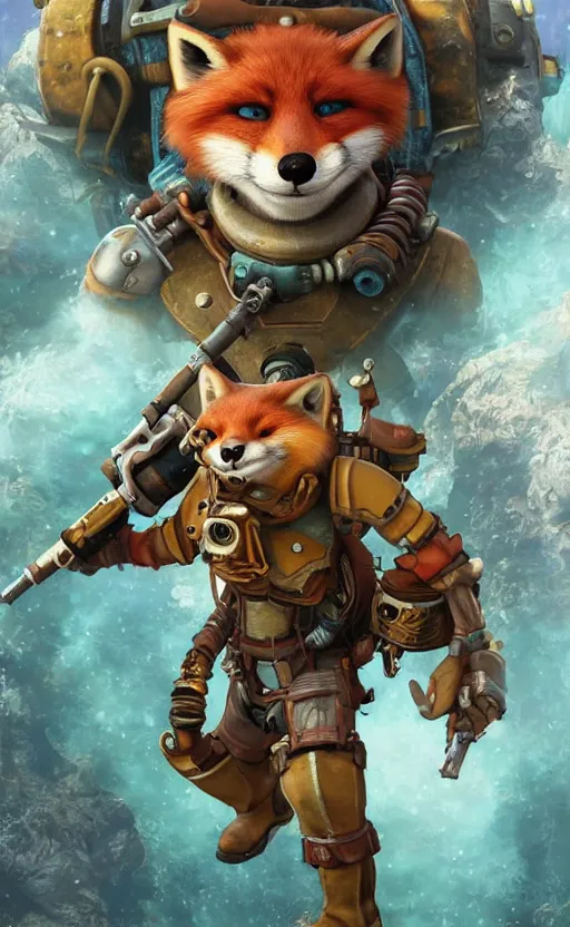 Image similar to underwater steampunk biopunk portrait of fox mccloud from star fox ( 1 9 9 3 ), hyper detailed, digital art, trending in artstation, cinematic lighting, studio quality, smooth render, unreal engine 5 rendered, octane rendered, art style by klimt and nixeu and ian sprigger and wlop and krenz cushart.