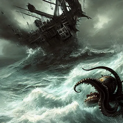 Prompt: a kraken rises from the ocean swallowing a pirate ship by raymond swanland, highly detailed