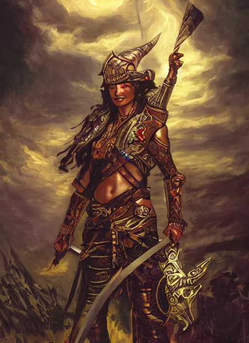 Image similar to dynamic! middle portrait of a biblical diabolical pirate female pharaoh, stylish leather armor, pirate ship! bright glowing eyes, in clouds, strong studio lights, thunder, storm, sunset, by gerald brom, by mikhail vrubel, by peter elson, muted colors, extreme detail, mirrors, trending on artstation, 8 k