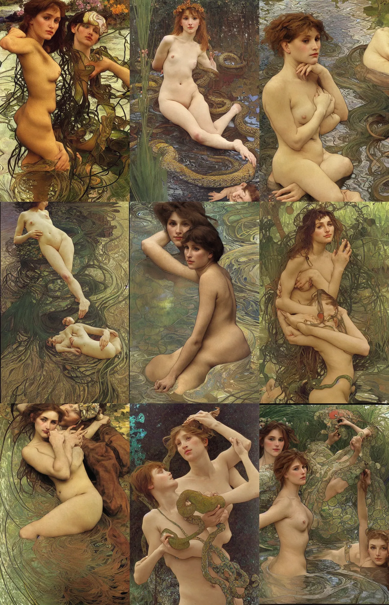 Prompt: hyperrealist portrait in a river, snakes, half body, golden water algae by alphonse mucha and lucian freud and bouguereau, very detailed faces