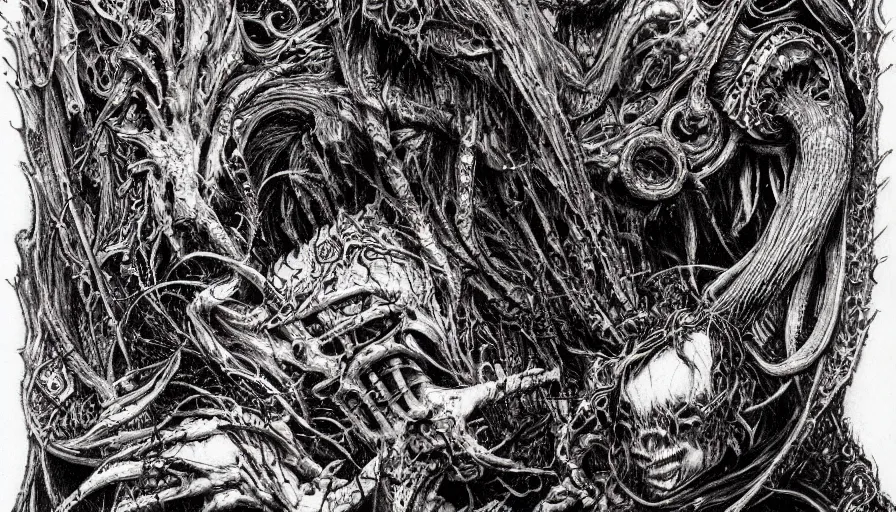 Image similar to Scorn themed drawing of unholy darkness black metal logo concept, intricate artwork by H.R. Giger, Johnatan Wayshak, Zdizslaw Beksinski, Ayami Kojima, Amano, Karol Bak, Moebius, and Mark Brooks, Neo-Gothic, gothic, rich deep colors, art by Takato Yamamoto, masterpiece, face by Artgerm, very coherent artwork, cinematic, hyper realism, high detail, octane render, unreal engine, 8k, High contrast, golden ratio, trending on cgsociety