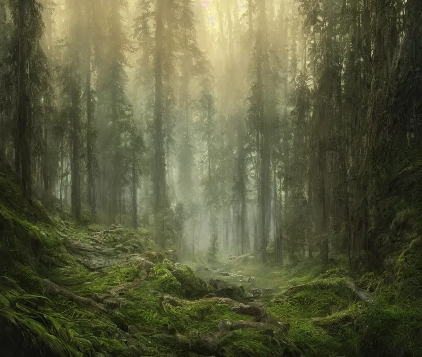 Image similar to most epic landscape, epic cinematic hyperrealism masterpiece. realistic poster with shaded lighting by craig mallismo, artgerm, jeremy lipkin and michael garmash, unreal engine, radiant light, detailed and complex environment, digital art, art station trends, environmental portrait, low angle, 3 5 mm, forest path, misty, vines, fern, moss